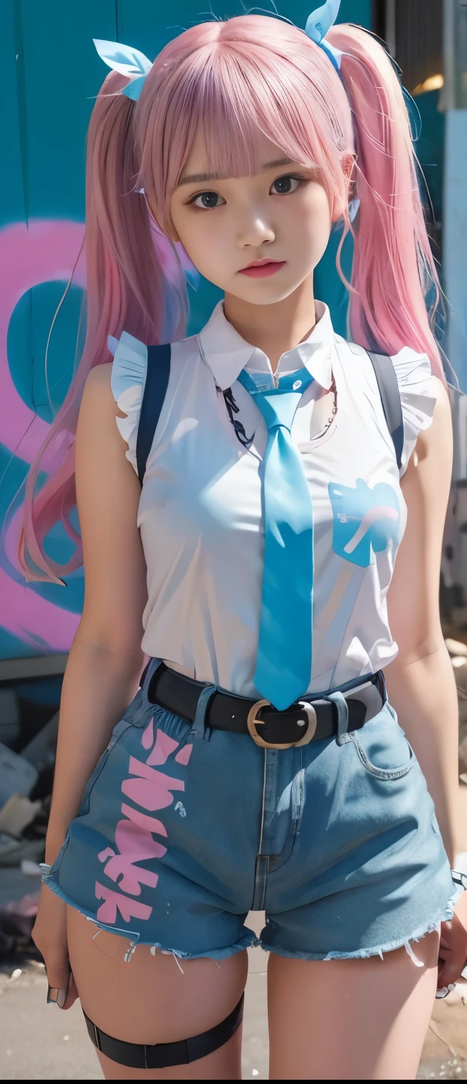 Cool Idol Girl (flashy pigtails )、A pure girl's face、 hypo、Damaged Tight Shorts、Light Blue and Pink Sleeveless Tie Shirt、Skeleton Buckle Belt、glowing graffiti art garbage dump、