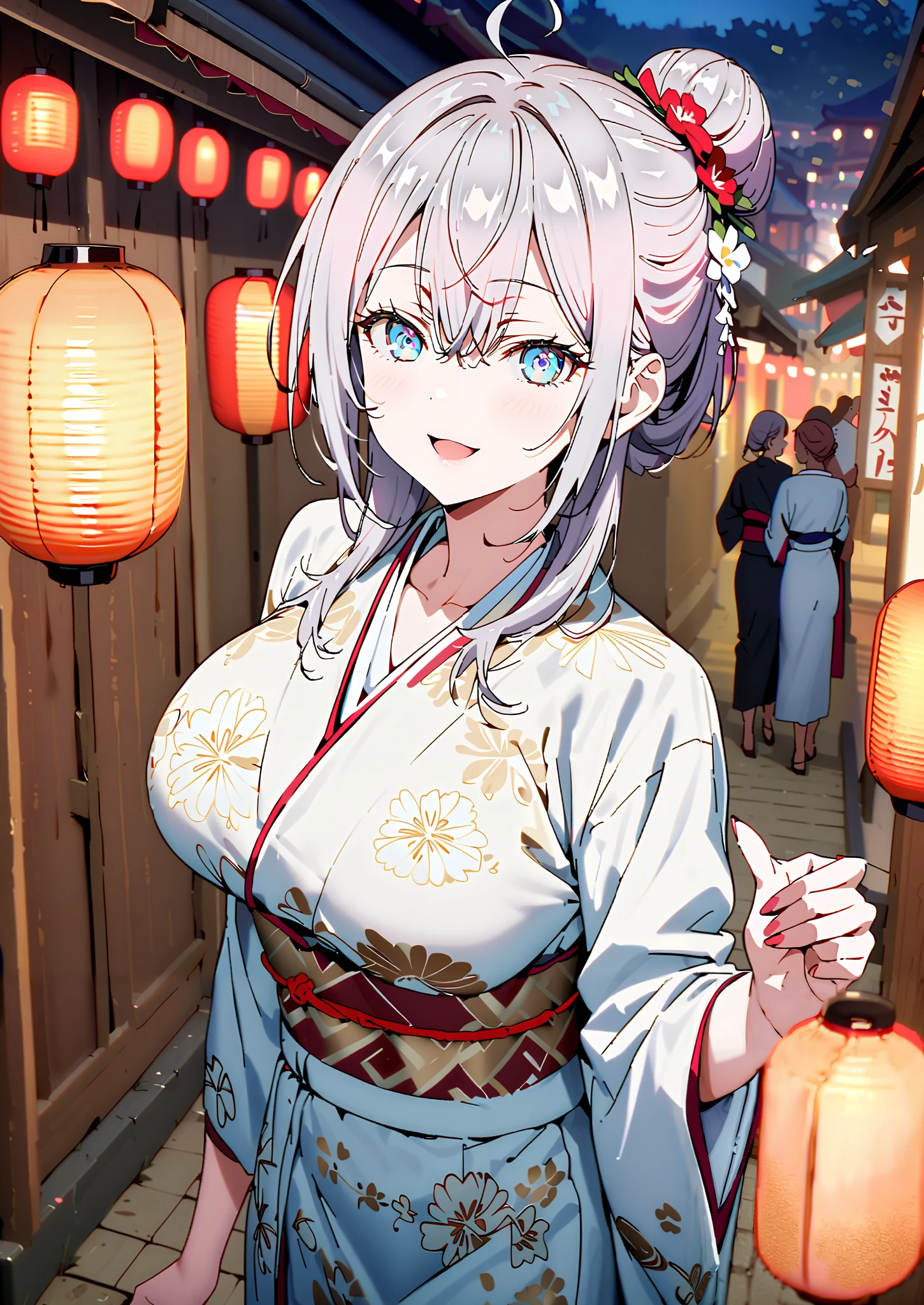 Alisa Mikhailovna Kujo, bungs, blue eyes, stupid hair, Gray Hair, side lock,bun hair,Nape,Big Breasts,Flower Hair Ornaments,White flower pattern kimono,smile,cover,opens her mouth,standing,Light up fireworks,Red Lanterns,Japanese stalls   ,night,full bodyがイラストに入るように,break outdoors,  Japanese festival,
break looking at viewer,full body,,
break (masterpiece:1.2),top quality , kampala,unity 8k 壁紙,(shape:0.8),( fine and beautiful eyes :1.6),It's a person ,full body写真,CG Details , (perfect hands,complete anatomy),