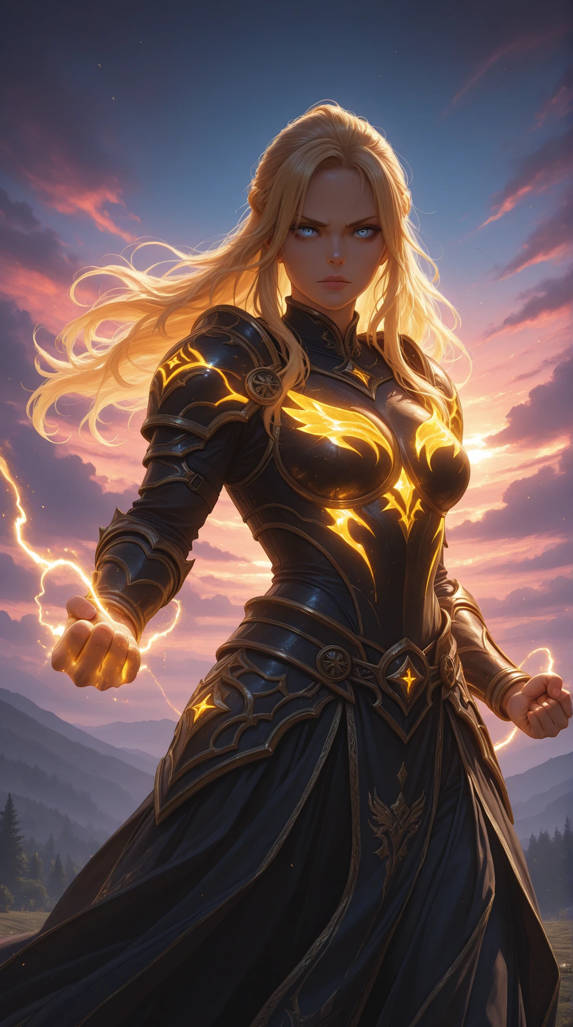 artwork of a pretty young woman, striking, artistic composition, emotional, active, motion, particles, backlit blonde hair,masterpiece,highest quality,1girl