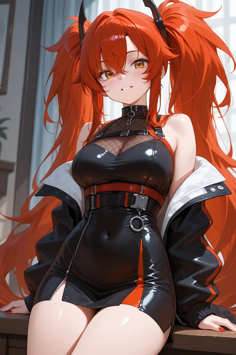 Close-up of a woman dressed as a teacher, seductive anime girl, attractive anime girl, beautiful attractive anime woman, anime female characters, anime girl with long hair, long hair koko inaba, (anime girl), beautiful anime girl, beautiful anime woman, she has long redorange hair, anime girl wearing a black dress, anime character art