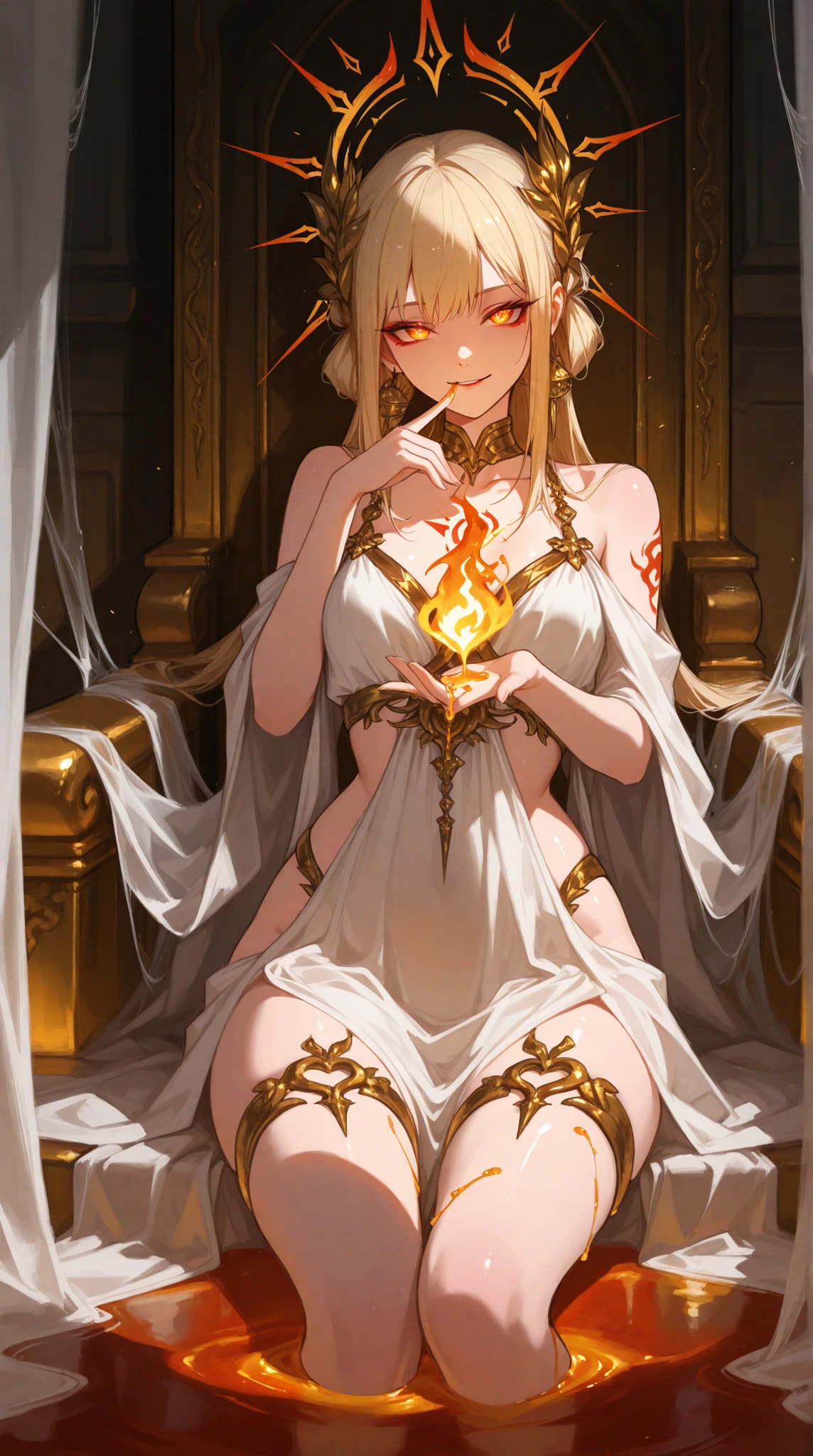 young woman, perfect body, shinny blueeyes, perfect boobs, perfect thighs, fire crown, long golden blonde curvy hair, transparent long white dress, lingerie, exposed belly, exposed thighs, red and gold mixture cloths, highly detailed enchanted cloths, standing and starring, head to mid thigh:4.5 photo, eye level camera angle, dark lighting, fire radiation, flames background, detailed background, fantasy art, hyper realistic,
