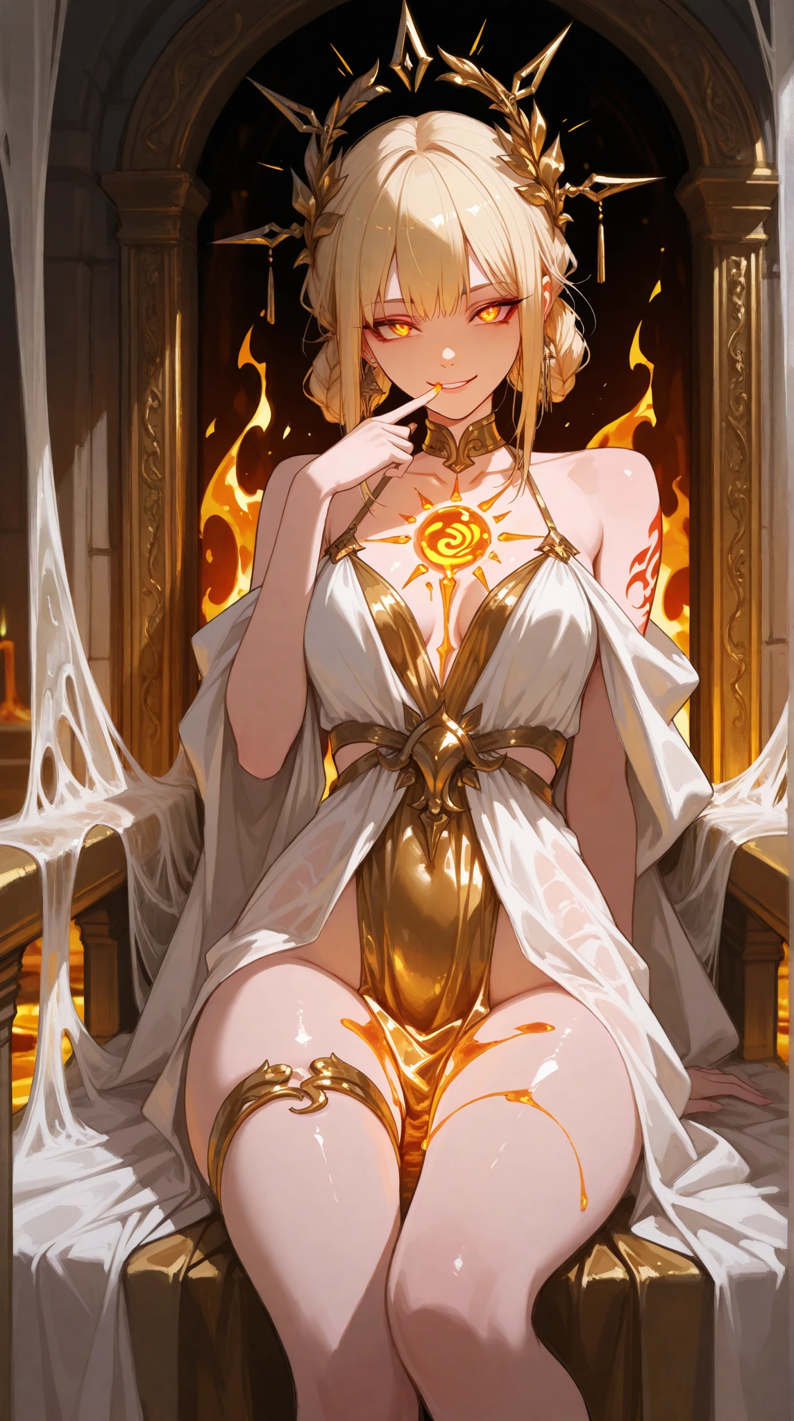 Super beautiful shining eyes、Beautiful demon sorceress casting fire spells、((Holding a long golden magician's wand))、Stand watch the viewer、various burning chains around her、((detailed flawless face)))、Light smile、beautiful countenance、seductive body、tall body、Mature body、BREAK Burning Aura、fireball、orange and yellow spark dazzling around、Little blue phoenix flying in the background、Lava on the ground、 the magma、Sexy Body Blake、detaileds、realisitic、4K highly detailed digital art、octan render、bio luminescent、Concept art in break 8K resolution、真实感、Mappa Studio、masterpiece、top-quality、Official Art、illustratio、Ligne Claire、(cool_color)、perfect-composition、absurderes、Fantasia、focus、thirds rule、