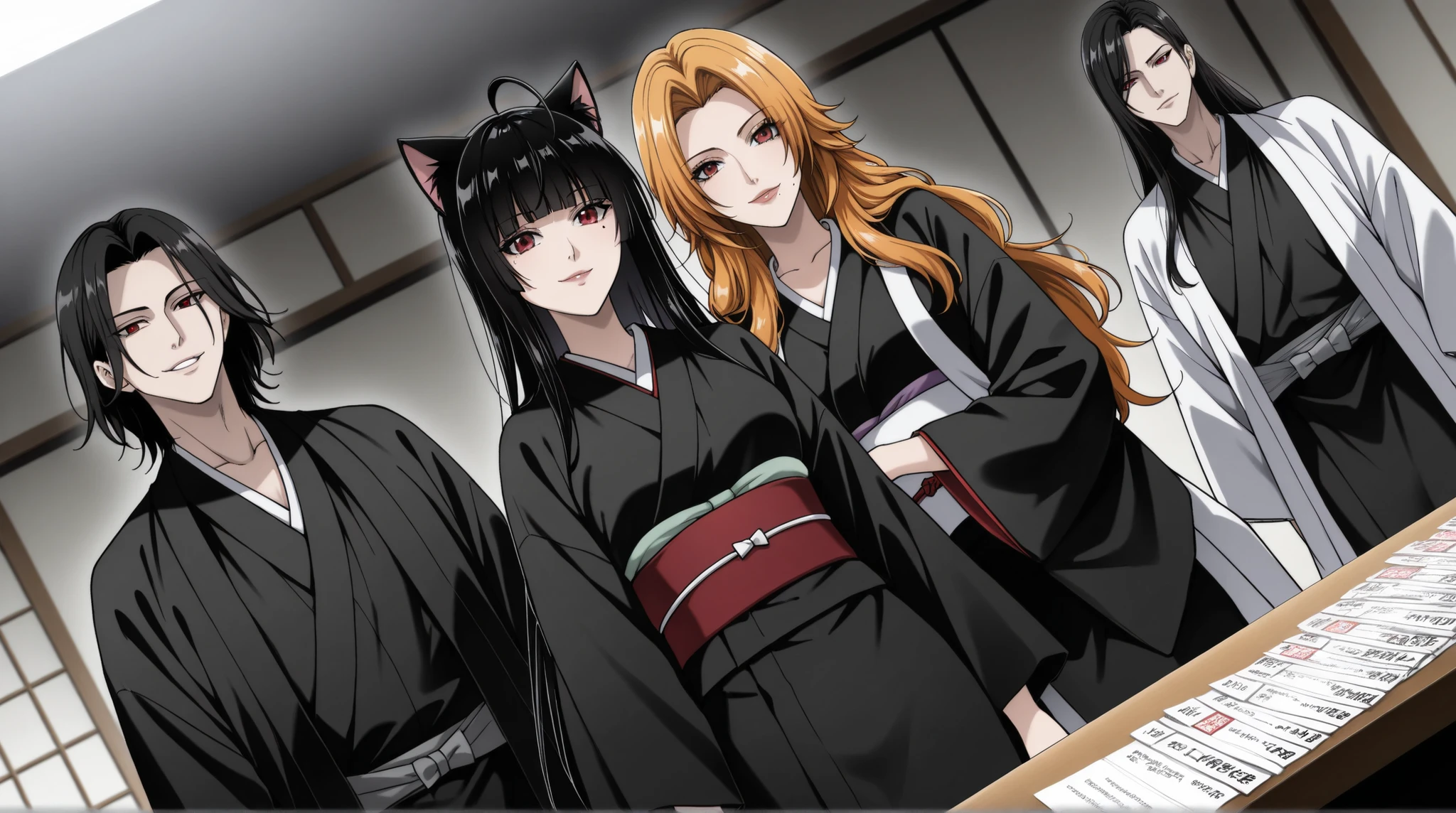 score_9, score_8_arriba, score_7_arriba, source _anime,
Rangiku Matsumoto, Alone, ((cat girl, cat black ears)), (red eyes), (long hair), (( black hair, (Ahoge), straight bangs,)),, Long Hair, abrigo tipo mole, moonlike coat under his mouth,
mangas largas, , Japanese clothing, kimono, , black kimono, Also, black Also, Wad of bills, white Wad of bills,
al aire libre, Soul Society (ソウル ソサエティ, Souru Sosaeti ), smile,
Looking at the spectator, cowboy shot, Dutch Angle,