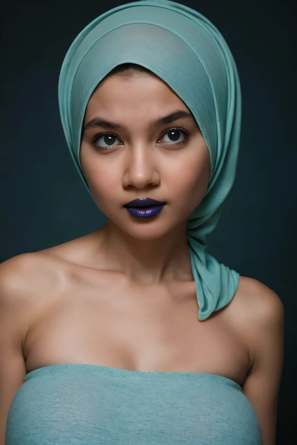 HELLO KITTY, green fluorescence Strapless Jumbo (Fatty), adorable, (1 girl), (face to face), , baby face, sad, half body portrait, (face details: 1), (eye details: 1), ((big breasts Solid:1.54)). wearing translucent (transparent) transparency (soft short t-shirt cropped) , hijab, .. Cute posed. proportional body. Ultra High Res. realistic: 1.4, UHD, view from side seductive pose, (viddinillah:1.3), (Dark Blue Lipstick:1.2), (sad face expressions:1.3) LITTLE SMALL GIRLS, LITTLE SMALL GIRLS, LITTLE SMALL GIRLS, (black tone skin:1.4)