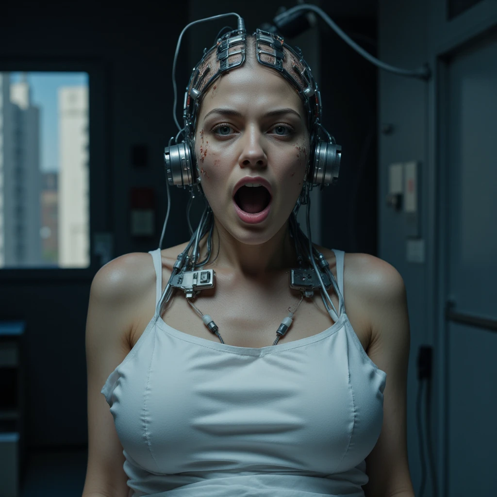 cinematic photo [parameters:  professional, 4k, highly detailed]
[location: scientific lab, hospital room]
[action: Anthropomorphic (woman:0.4:girl:0.3:medical_dress:0.2) brainwashed, mindswapped]
[scene details 1: intricate electrical machines wires, wires into head]
[scene details :  sweaty exhausting face full of pain, brown medium hair][scene details 3: weird scientist in background, soft bokeh]
[scene details 2: full spotlights, at night]
 . . 35mm photograph, film, bokeh, professional, 4k, highly detailed
