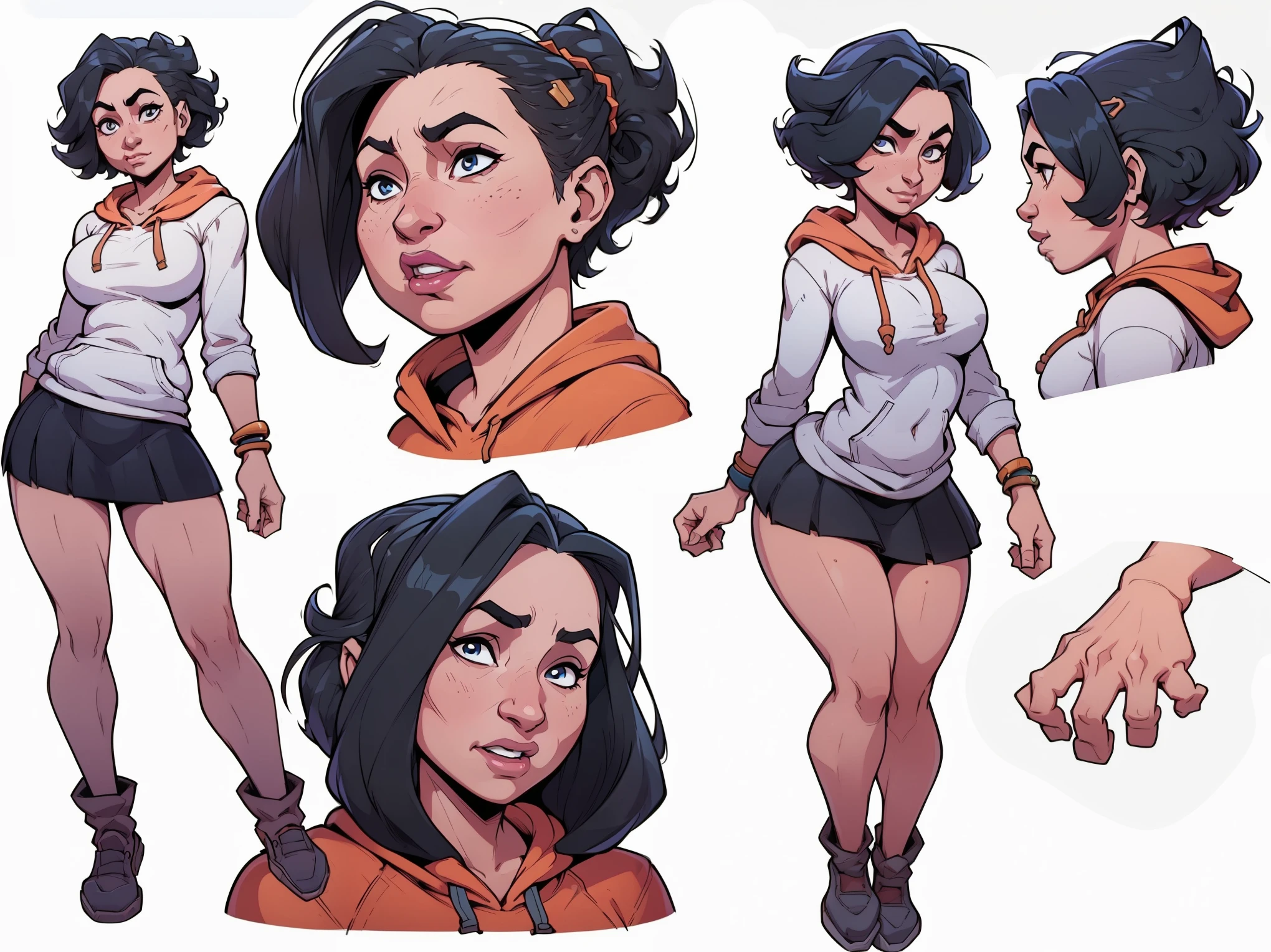 mari, wide hips, black hair, 1girl, cms, (longer wavy haircut, curly hair), k4r3nh41r, exaggerated inflated legs, 4k, highly details, (((tiny breasts))), ((wearing a casual loose hoodie and short skirt)), sensual, 4k, highly detailed face, perfect skin, detailed face, focus on eyes, anatomically correct, ((((reference sheet, simple white background, (multiple views), (full body), dynamic pose,,))))