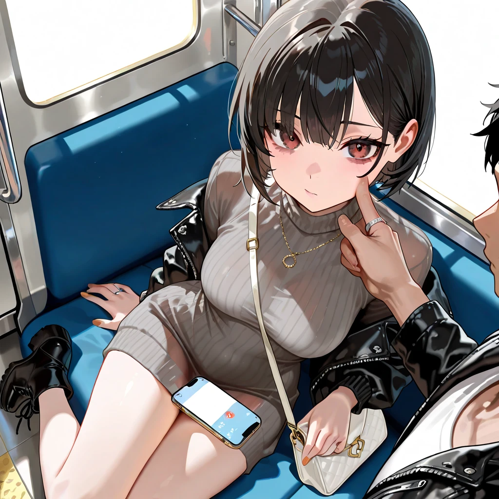 (neocruz and junkotvv)(hands on thighs, backwards, Heavyweight, big boy, leather jacket:1.2), picture of a couple inside a Taxi at evening, 1 chico, male focus, Tall Man, soon one, male with leather jacket, black man, evening:1.4) (Taxi, evening, auto, Backseat, looking at another:1.3) BREAK