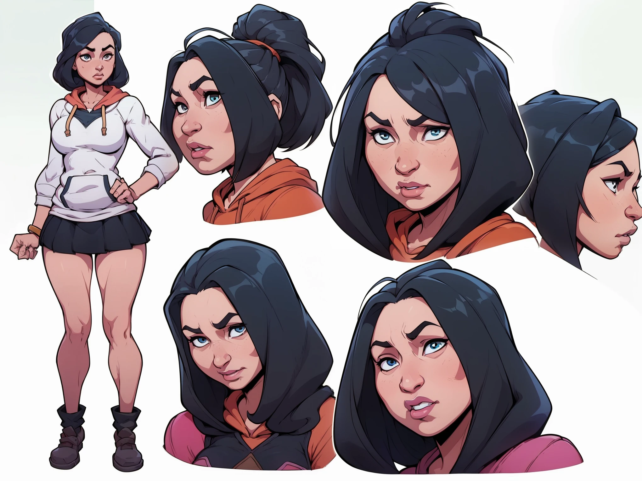 mari, wide hips, black hair, 1girl, cms, (longer wavy haircut, curly hair), k4r3nh41r, exaggerated inflated legs, 4k, highly details, (((tiny breasts))), ((wearing a casual loose hoodie and short skirt)), sensual, 4k, highly detailed face, perfect skin, detailed face, focus on eyes, anatomically correct, ((((reference sheet, simple white background, (multiple views), (full body), dynamic pose,,))))