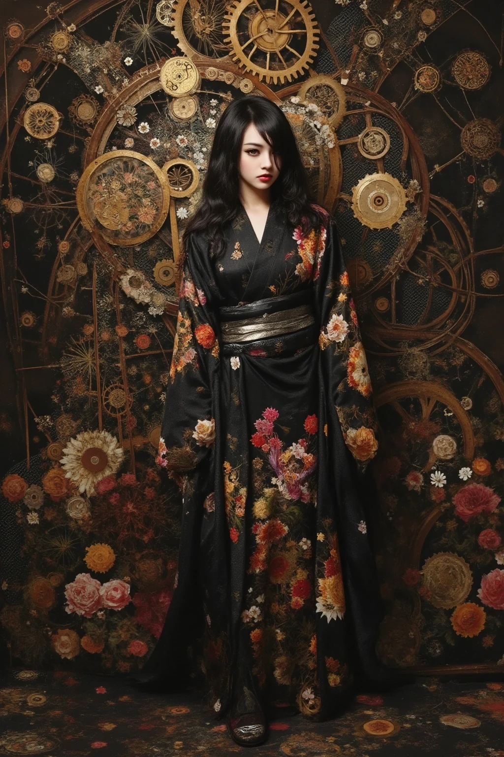  I can't see her  or  、Long wavy black hair、The background is a complicated mechanical design of gears、 complicated and detailed、Fantasy Art、A fascinating dark fantasy、A fantastic dream world、cinematic lighting showing daikon in a full frame、from below、top quality、high image quality、masterpiece:1.4、High detail、high definition、absurd、dramatic、surreal