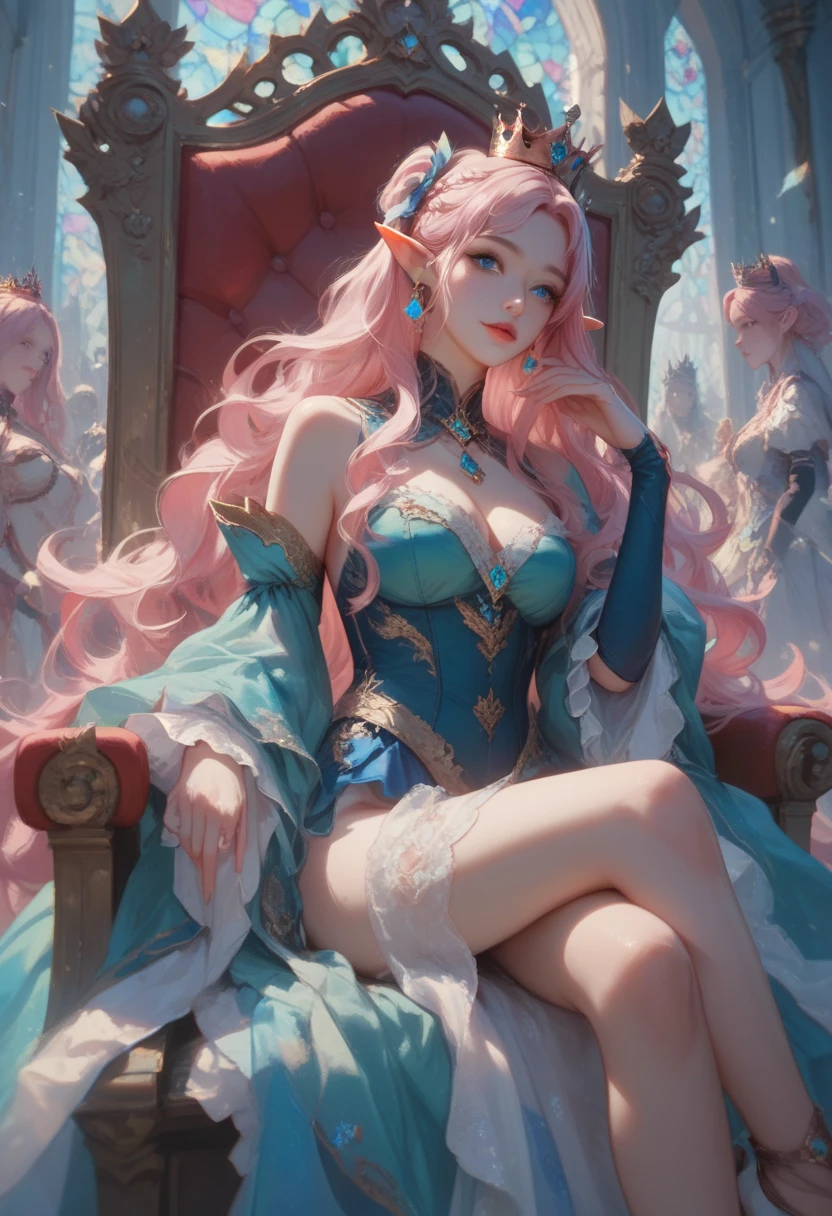 Woman, long wavy hair, pink hair, blue eyes, elf, sexy, queen, crown, magical background