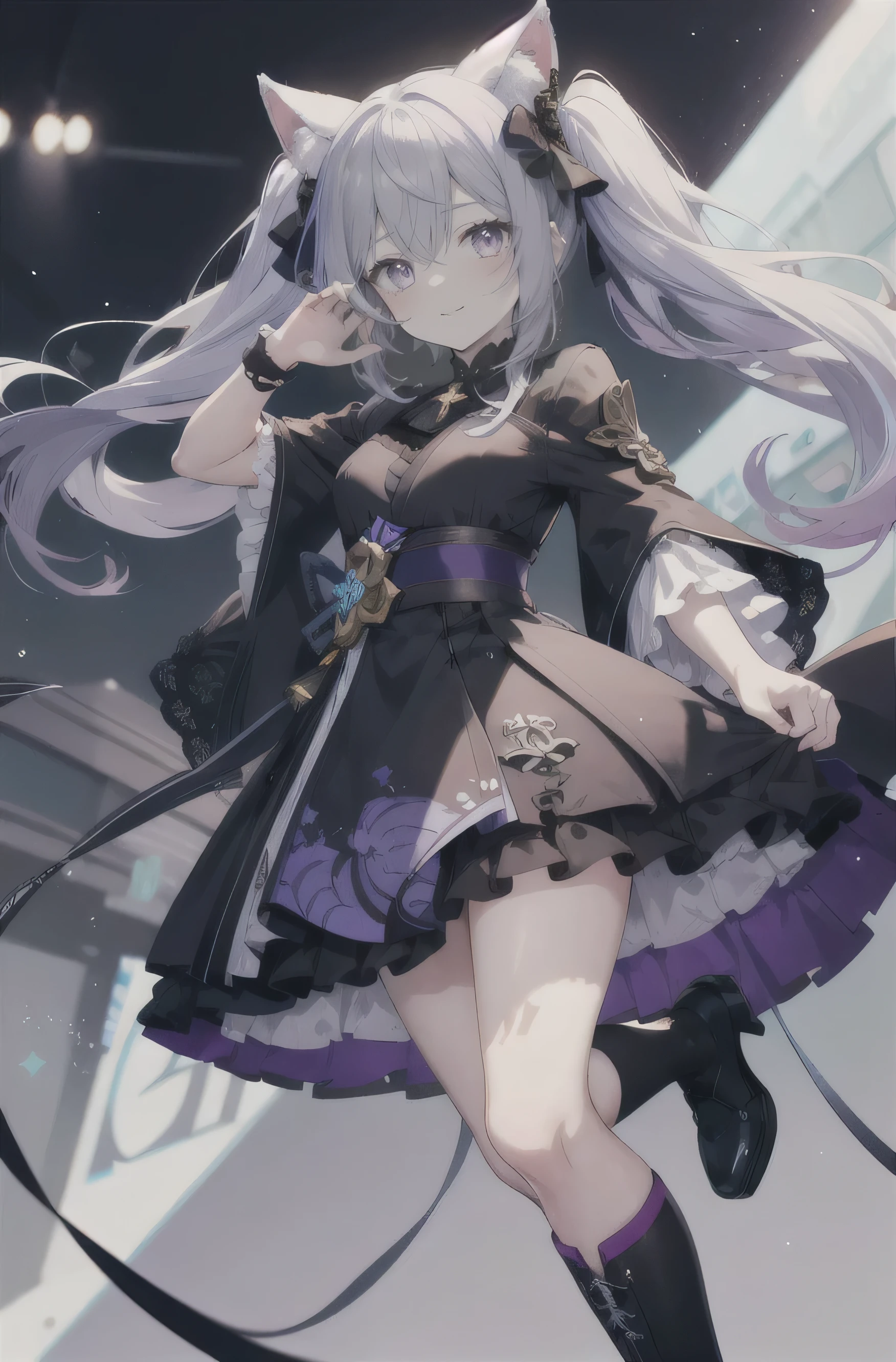 <lora:aurora-01:0.7>, aurora, 1girl, flat chest, shiny skin, long hair, purple hair, light purple hair, very long hair, bangs, blunt bangs, hair bow, star in eye, star (symbol), symbol in eye, purple eyes, collarbone, tattered cheongsam, ripped sleeves, high collar, bloodstains, asymmetrical hemline, black leggings, torn fishnet stockings, black boots, intricate embroidery, skull motifs, decaying flesh, exposed bones, undead aura, outdoors, day, sky, tree, old building, ruins, blue sky, ground, stone wall, fallen pillars, weed, cracked earth, dry grass, empty windows, arched gate, ancient architecture, shenzhou, fengdu, abandoned site, ghost city, masterpiece, best quality, official art, extremely detailed CG unity 8k wallpaper, artbook, yuzu-soft, kobuichi, muririn,