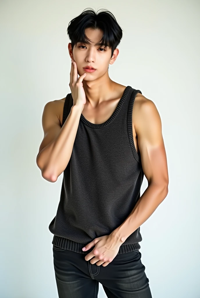 muscular young Japanese boy wearing a white tank top and denim shorts standing position.