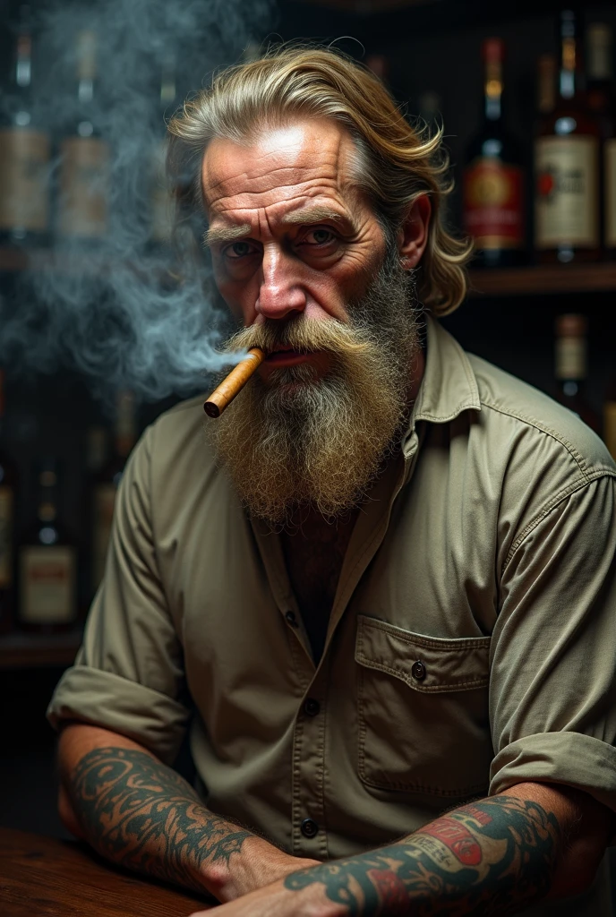 photo, 4k, wide angle,
old man with white beard and dreadlocks, sitting on veranda of innercity london picadilly , holding a malt whiskey and smoke cigar, plastic chair,
intricate face details, sunglasses like elton john , tattoo on neck