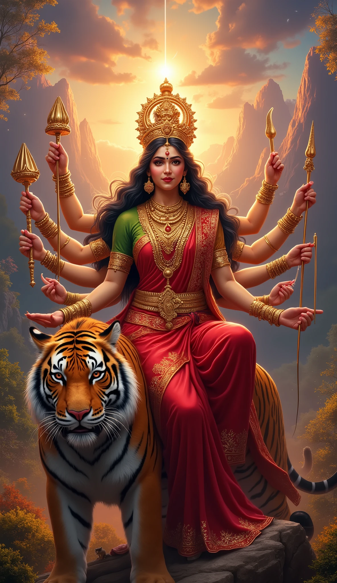*"A highly detailed and realistic digital painting of Goddess Chandraghanta, the third form of Maa Durga. She has ten arms, each holding a divine weapon, and a half-moon on her forehead in the shape of a bell. Her expression is fierce yet compassionate, radiating divine energy. She is seated on a majestic tiger, symbolizing bravery and strength.
The background features a magical jungle with towering mountains, glowing mystical trees, and an ethereal golden light illuminating the scene. The sky is a blend of deep oranges, purples, and blues, creating a divine and surreal atmosphere.
Her intricate jewelry and red saree with gold embroidery shine brilliantly under the celestial light, adding to her divine presence. The image should be hyper-realistic, with extreme attention to textures, lighting, and facial details.