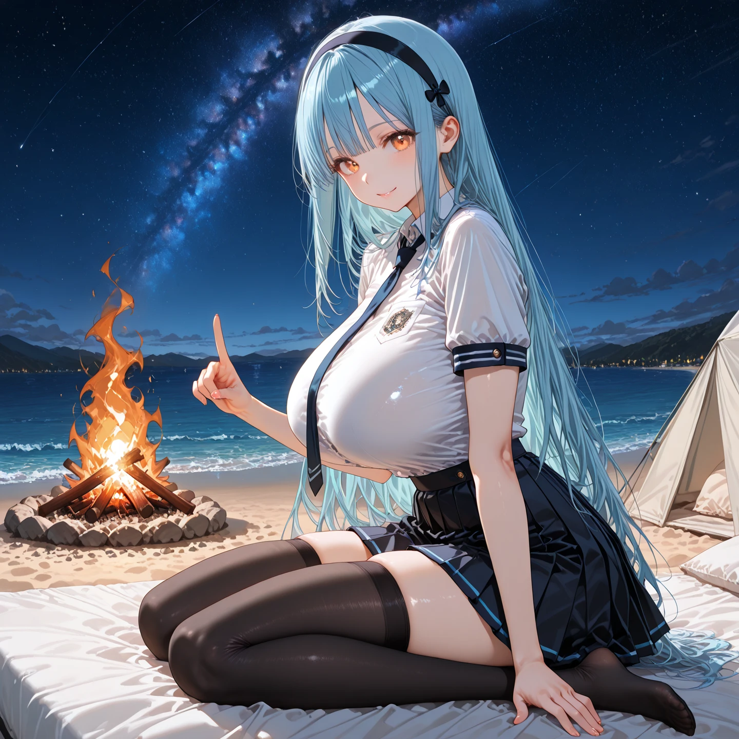 masterpiece, exquisite, {beautiful and meticulous girl}, beautiful and detailed halo, (fire of war: 1.2), (fire explosion behind: 1.3), rain, detailed lighting, detail water, (beautiful and detailed eyes: 1.1), glitter_force, palace, sky blue hair, scattered hair, long bangs, eyebrows, (Open Stitch Ring Linked Halter Neck Backless Swimsuit: 1.1), black ribbon, white bow tie, upper abdomen, big forehead, flower, leaning_forward
