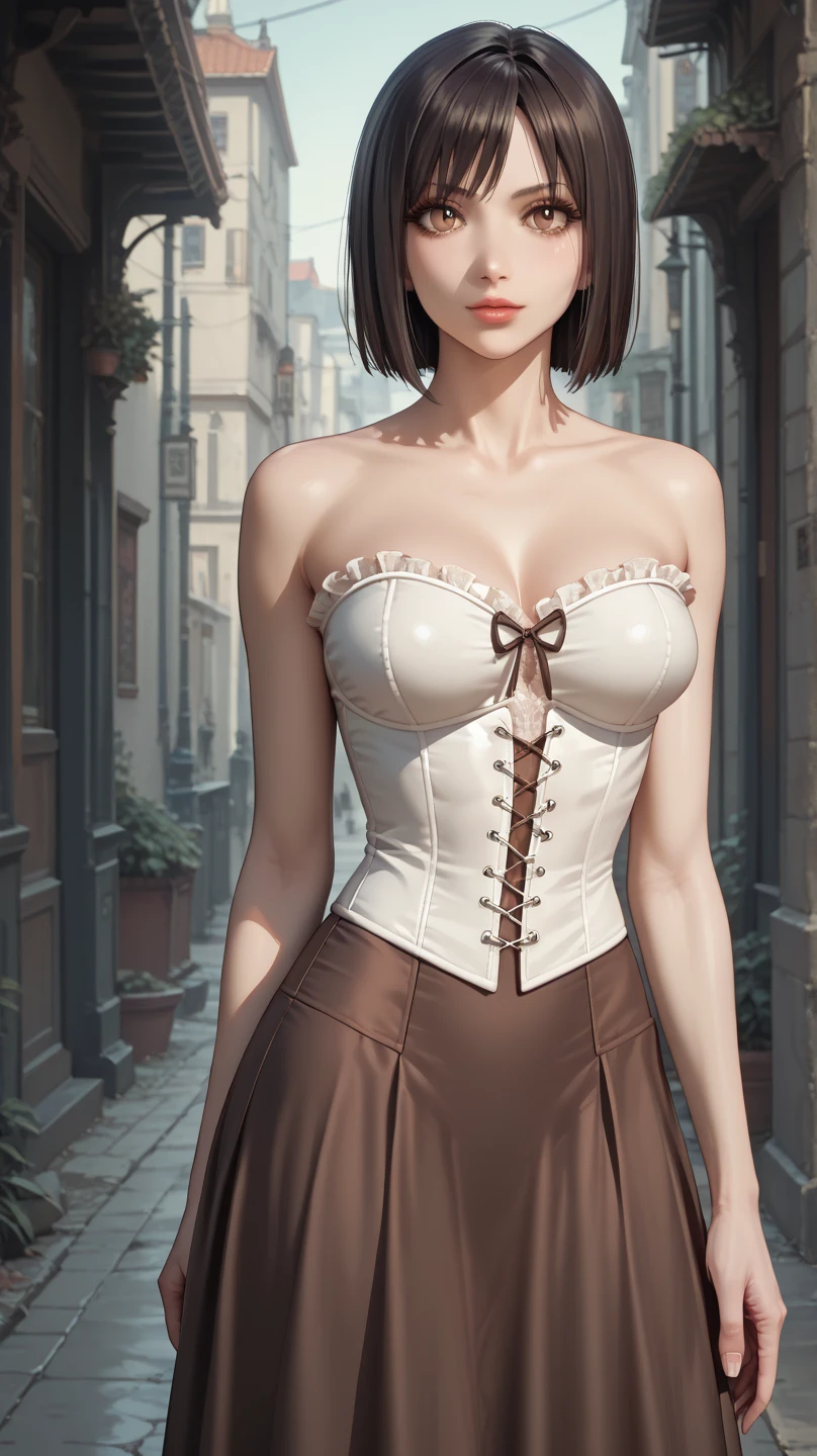 ((masterpiece)),((best quality)),((High detail)),((Realistic,)), 1 1 girl, stylish makeup, brown hair, seductive eyes, bright lips, sexy pose, (beautiful detailed face: 1.0), smiling, feminine approach, sleeveless shirt, medium breasts, (perfect body), erect nipples, bare abdomen, shorts, (tight clothes), standing, front view, full body, room,