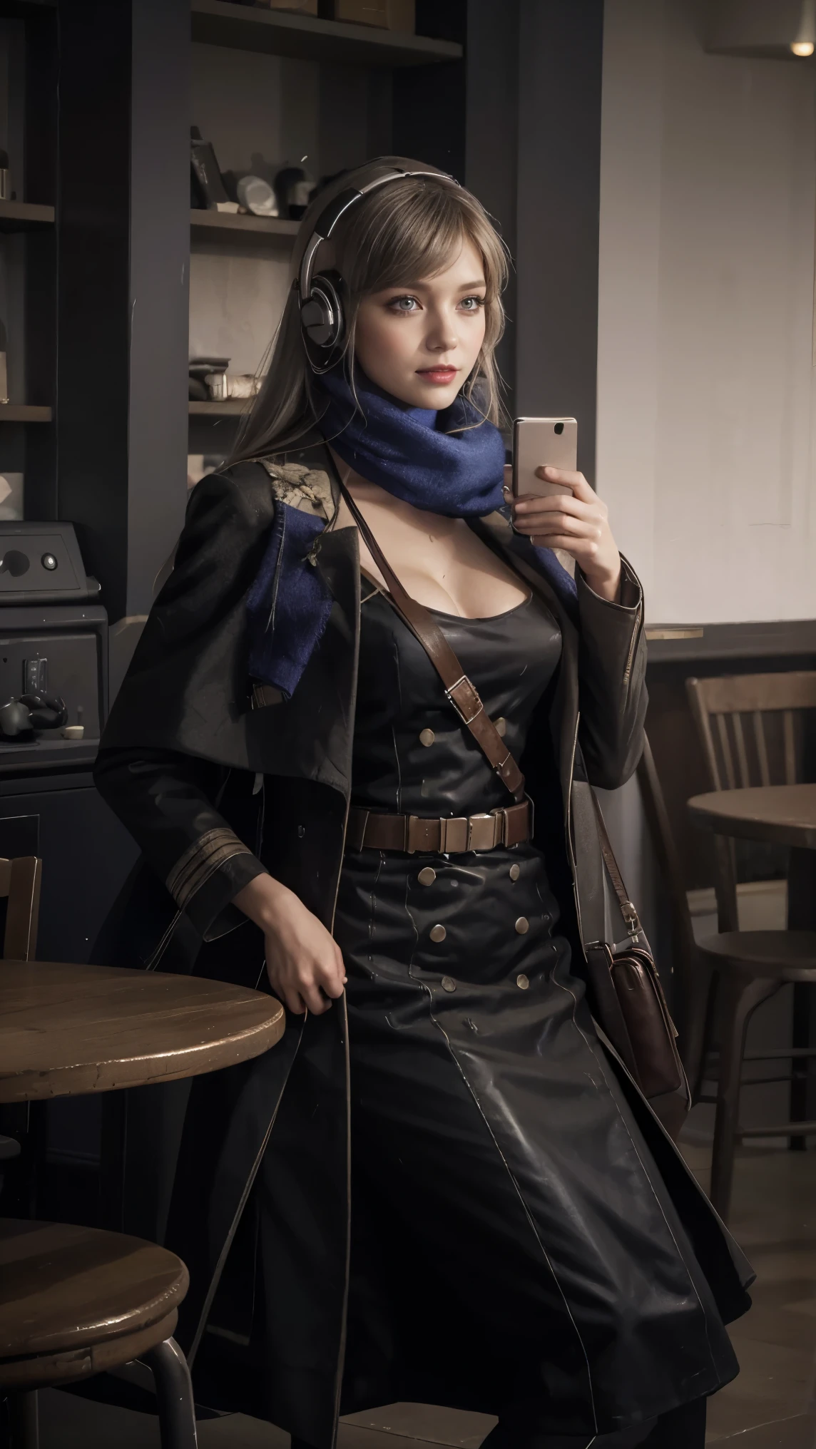 masterpiece, best quality, 1girl, solo, Bkornblume, headphones, solo, blue scarf, latex coat, pussy, observing libidinous interrogation, black dress, black gloves, grey hair, holster gun, black coat dress, long sleeves, gloves, blushing, cafe, smile, full body, information, german girl, boots, sitting, opened breasts, die stasi spy, cafe background, pantyhose, shoes heels, holsters, coat buttons, lust libido, ((Bremen background)), misty background, Germany stasi, breasts, blue stocking, bkornblume, using pager, city stasi, indoor, pov, (((cowboy shot)), (lipstick), intelligence stasi spy, close-up