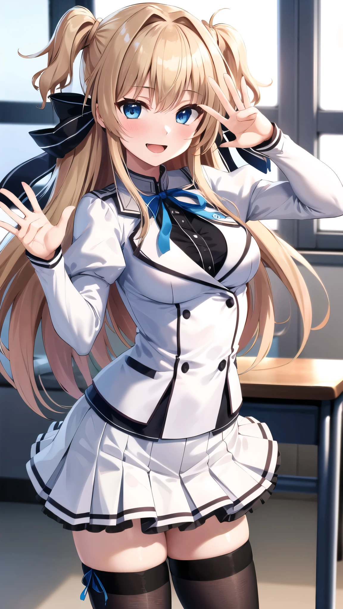masterpiece, best quality, highres, 1girl, solo, long hair, blonde hair, two side up, (hair ribbon:1.1), blue eyes, neck ribbon, school uniform, white jacket, juliet sleeves, long sleeves, white skirt, thigh ribbon, black thighhighs, classroom, smile, open mouth, waving