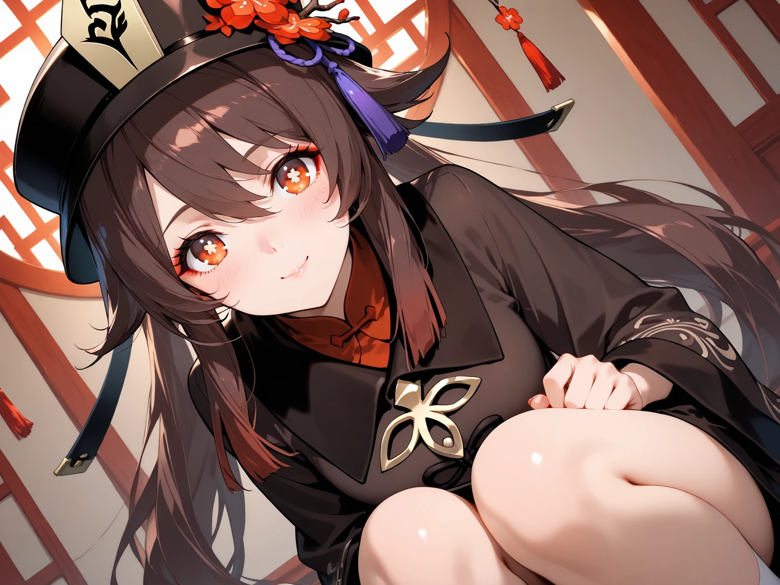 masterpiece, best quality, HuTaoV4, 1girl, solo, looking at viewer, symbol-shaped pupils, flower shaped pupils, blush, smile, open mouth, long sleeves, hat, jewelry, flower, thighs, shorts, socks, nail polish, black headwear, chinese clothes, black shorts, ring, all fours, black nails, hat flower,