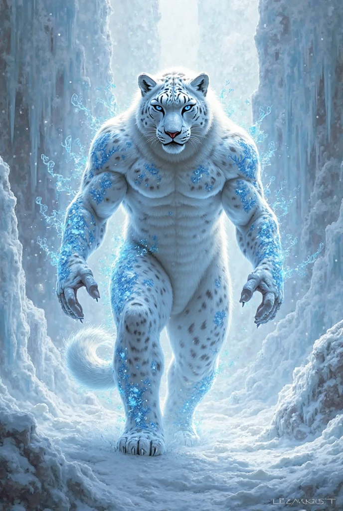 (masterpiece, 4k ,ultra detailed:1.2),(fantasy:1.2),illustration,(realistic:1),(photorealistic:1), (Volileopard, the champion from League of Legends:1.6), (white hair,very long fur:1.6),(roaring with open mouth:1.3),(white leopard with blue eyes and a glowing light on its face:1.4), (musculous body,blue rays coming out of eyes,rays surrounding around,giant leopard:1.3), (forest, night, lighted mushrooms, fireflies:1.2),