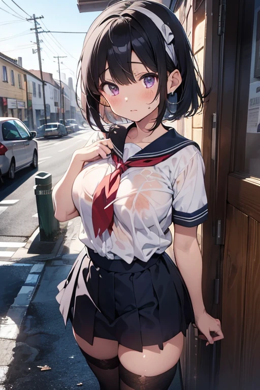 (best quality), (Super detailed), (Best Illustration), (masterpiece), nsfw, (woman), high contrast, {(serafuku lift:1.2), show off breast}, (large breasts), {brown hair, (sideburns), (bob cut:1.3), curly hair, hairs between eyes, colored inner hair}, {(detailed eyes), blue eyes}, blush, earring, wind, (botanical railroad)