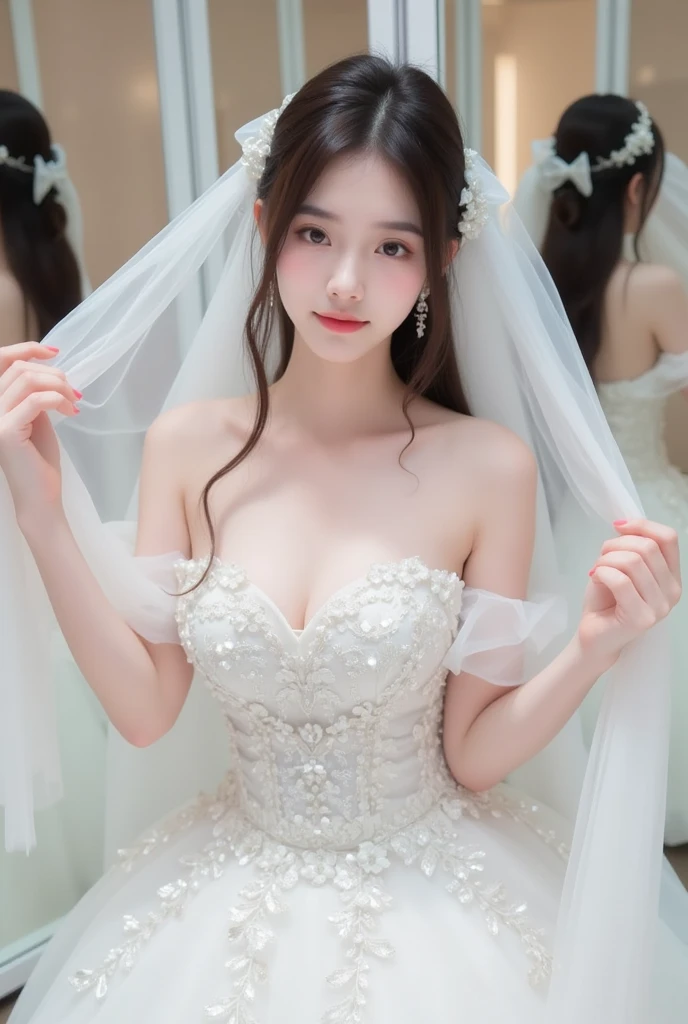 27 years old、smile、white、Wedding dress、luxury、8 heads、