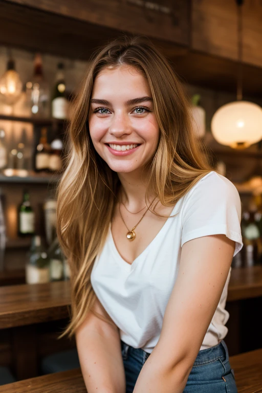 a close up photo of a 20 year old french woman in a blouse at a bar, seductive smile, ginger hair, cinematic light, film still,
