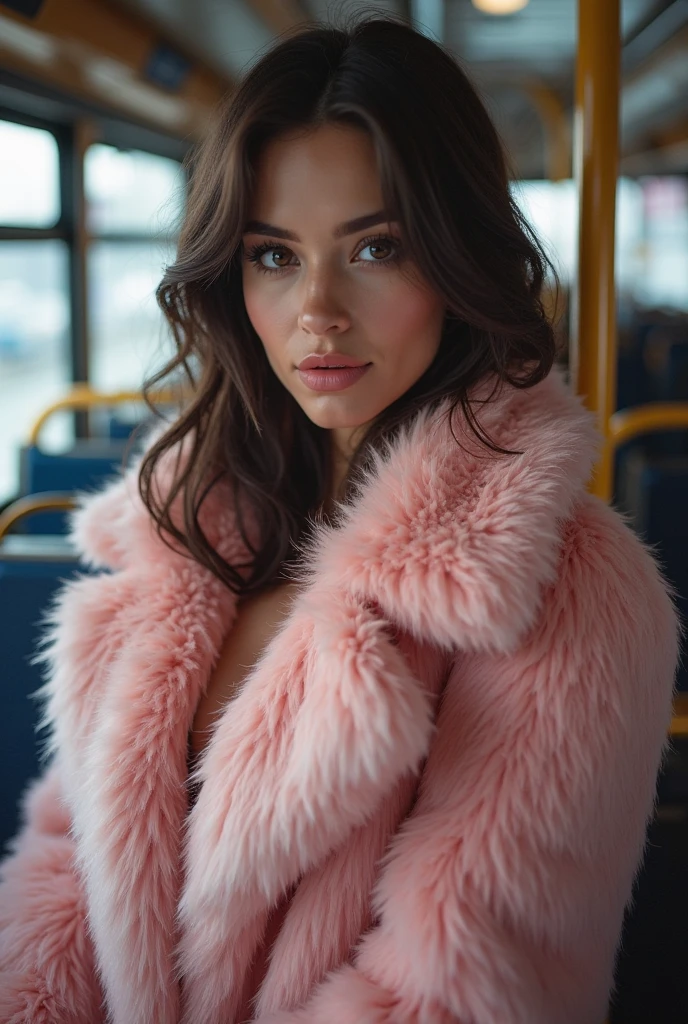 A beautiful woman wears a beautiful pink fur coat and looks deep into ...