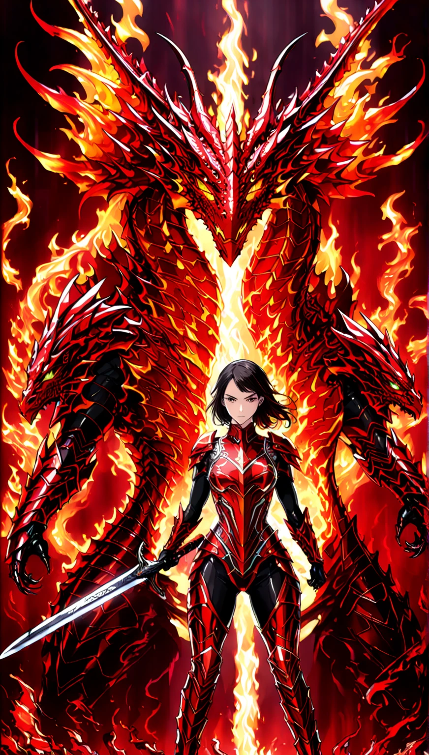 Close portrait style image of a young woman, a burning knight made of swirling flames and molten metal standing next to her. The woman stands in a central plaza of a fallen ancient ruin city, surrounded by crumbling skyscrapers, overgrown vegetation, and ancient temples adorned with mystical symbols. She Raised one Hand pointing toward camera. She wears a form-fitting, fiery red bodysuit adorned with intricate silver runes and symbols that glow faintly, high reinforced boots, and long gloves with silver accents, while her facial expression conveys nervousness and anxiety. The background should feature mystical energy fields, broken relics of a lost civilization, and remnants of modern technology scattered around. The burning knight should be depicted in a protective stance around the woman, wielding a flaming sword and exuding an aura of ancient power. centered| detailed gorgeous face| anime style| key visual| intricate detail| highly detailed| breathtaking| vibrant| panoramic| cinematic| Carne Griffiths| Conrad Roset| gibbli 8k.