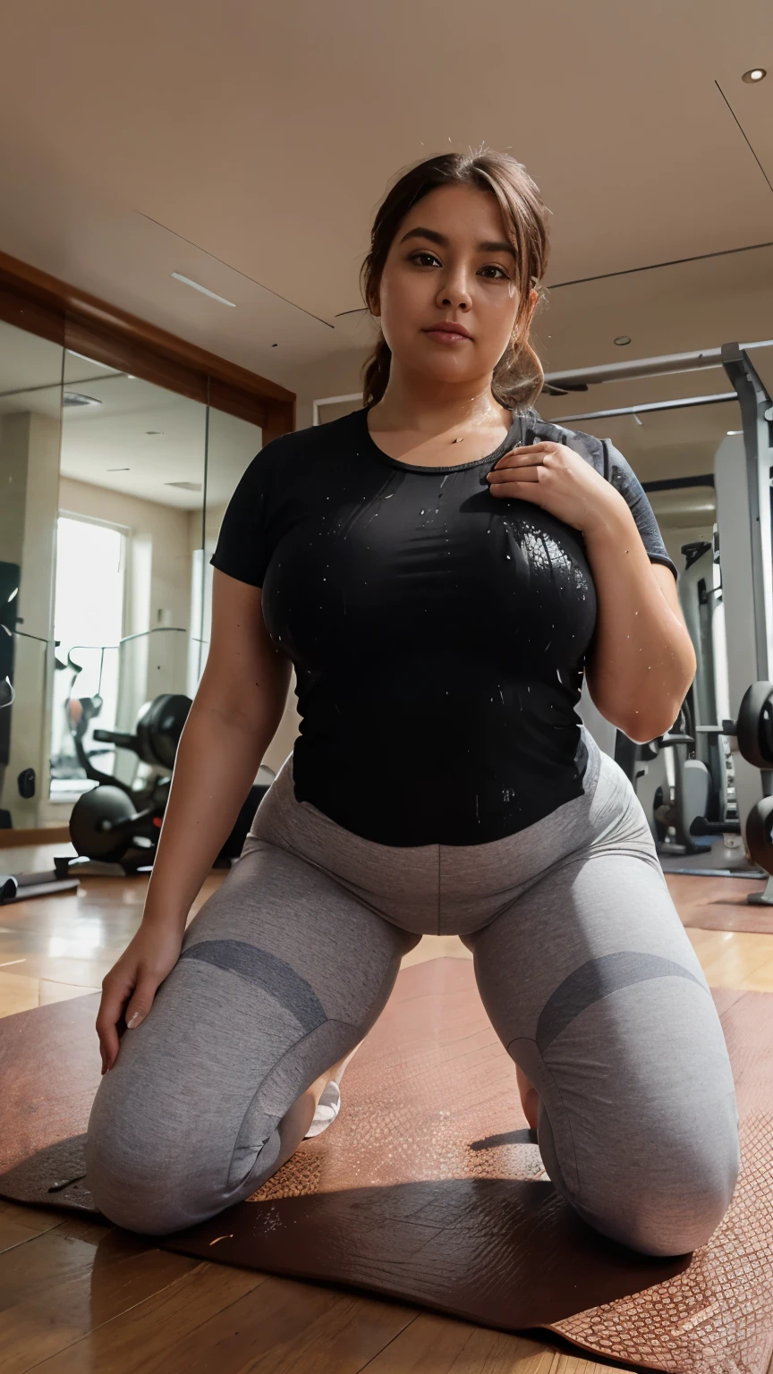 Girl，Delicate face，Body parts，8K，primitive，Beautiful，high-definition picture quality，realisticlying，Full body photo，dynamicposes，Skin details HD，Large chest，with a well-proportioned body，eyes with brightness，Textured skin，photorealestic，Working out in a gym，Wear tight yoga clothing，Sweat makes clothes transparent，Full buttocks，power show，The green tendons burst out，muscline，Iron strokes，There is sweat on the body，full of sweat，sense of strength，The costume is printed with a skull motif，Camel toes，Latex texture，Long boots with hips up