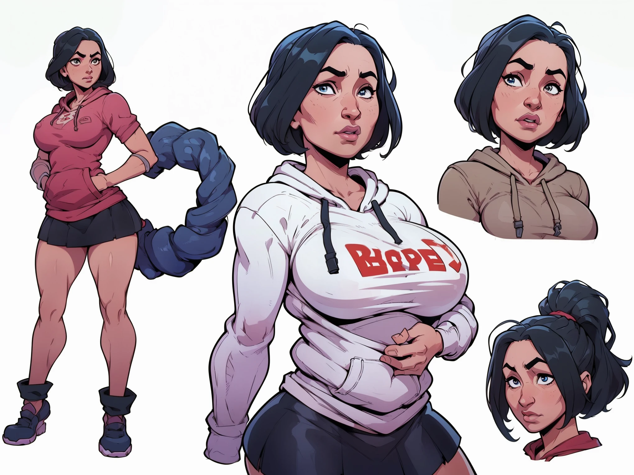 mari, wide hips, black hair, 1girl, cms, (longer wavy haircut, curly hair), k4r3nh41r, exaggerated inflated legs, 4k, highly details, (((tiny breasts))), ((wearing a casual loose hoodie and short skirt)), sensual, 4k, highly detailed face, perfect skin, detailed face, focus on eyes, anatomically correct, ((((reference sheet, simple white background, (multiple views), (full body), dynamic pose,,))))