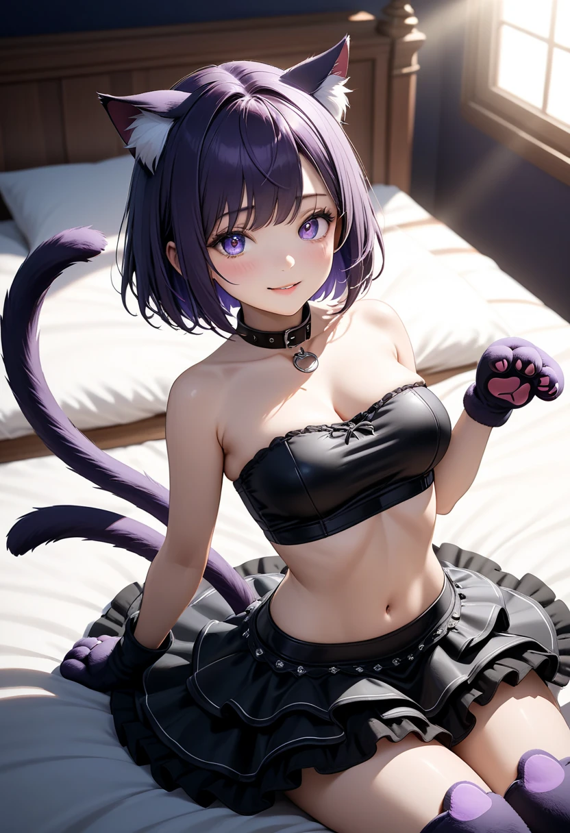 ((best quality)), ((masterpiece)), (detailed), perfect face, cat ears, super sexy, cute face girl, lavender hair, caramel skin, large breasts, full body