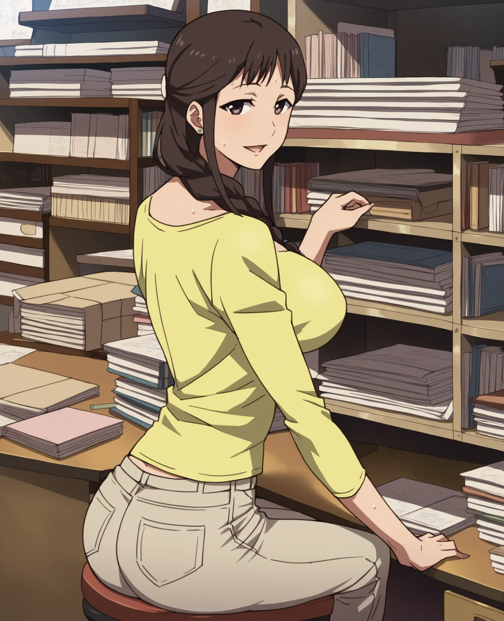 sonoko,1girl,solo,blue eyes,hairband,brown hair,short hair,cleavage, medium breasts,collared shirt, indoors, sitting, library, reading book, desk,chair,library, :o,
<lora:sonoko:0.8>