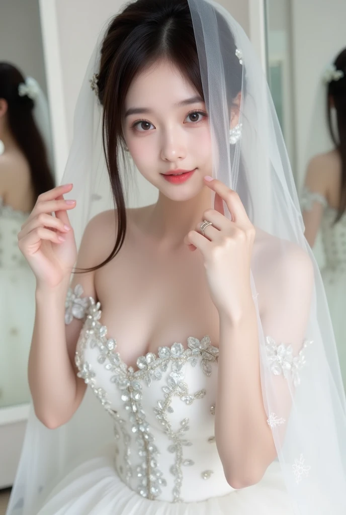 overhead view angle、Lying in bed、Blushing cheeks、close your eyes、with a happy expression、spread your legs、tiara、White veil、
highest quality, (photo realistic:1.4), 、dark lighting、Solemn room、