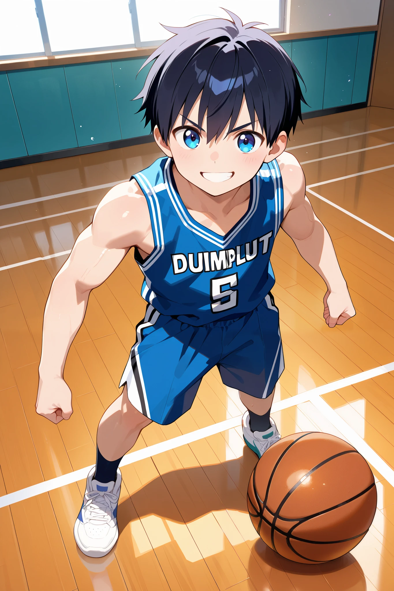 masterpiece, best quality, Ultra High Resolution, anime style, male focus, Basketball match, japanese boy, high school students, Dumping, Dynamic Capture, very handsome, Perfect Face, Cute Face, Clear beautiful details Eyes, black short hair, Shiny Hair, Detailed skin, perfect hands, Good anatomy, perfect body, Slim body and muscles, Smile, Soft Light, full body, 8k resolution,
