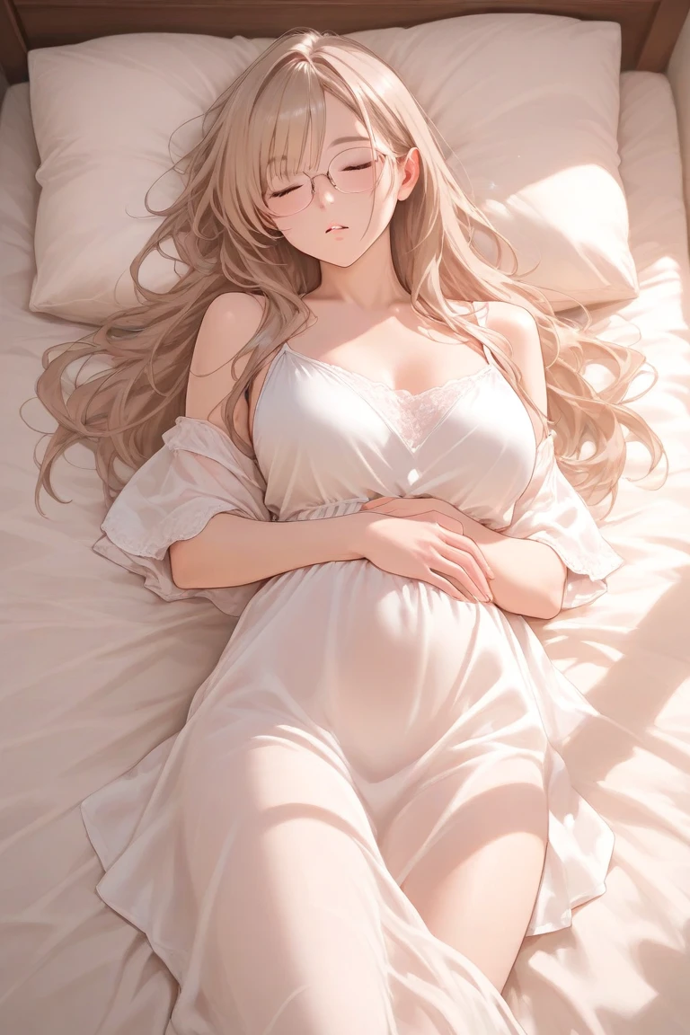 from above, lying on the bed, open wide legs, hand grabbing_own_between legs, finest image, (8k, RAW photo, realistic), light brown flowing layered braided bangs hair, beautiful cute woman, shining gold big eyes, erotic expression, medium breasts, abs, slender, perfect proportion, lace night dress, background gorgeous bed room