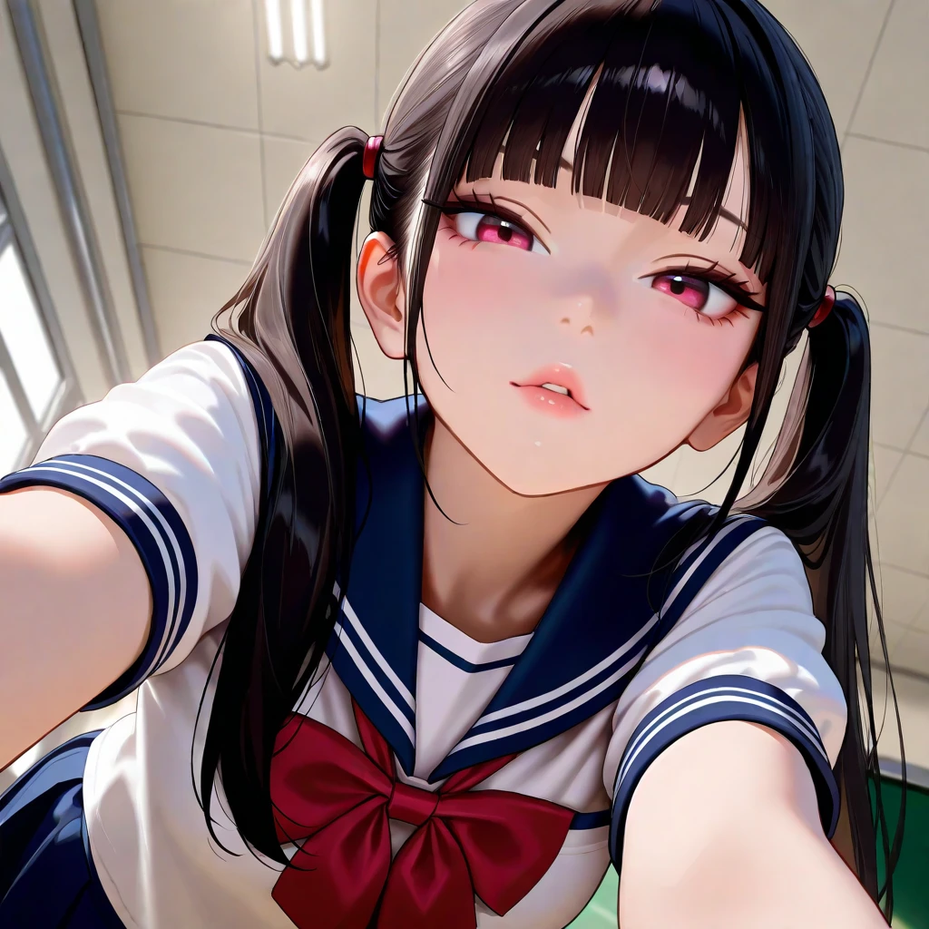 ,Short sleeved white shirt,Red tie,Navy blue mini skirt,Navy blue socks,open mouth,tongue out,cum on tongue,standing,slouch,Selfie,looking ahead,from above,flont view,upper body,(1girl,Beautiful 14 year old girl),((Slender,Small breasts,Small face,)),looking at viewer,Black Hair,bangs,one side up,Beautiful and detailed,Mischievous smile,Dimly lit room,Simple Background,Black background,Low lighting