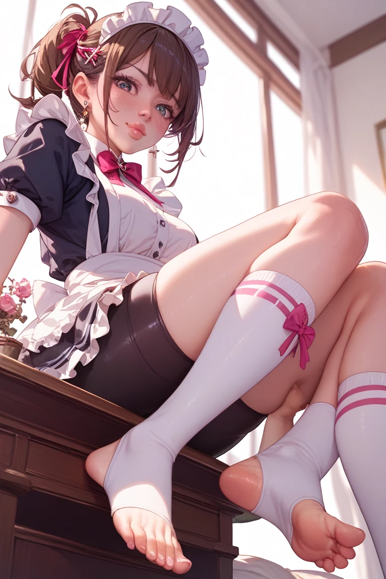 realistic image, coherent image, detailed image, 1 beautiful girl. She has long brown hair, tied up with a comb in the shape of a red flower. Red eyes, long eyelashes. Her face is oval and delicate. She wears a traditional t-shirt, a pleated mini skirt with lace, and stockings that cover her legs. She has a curvy body, medium breasts and thick thighs. sitting showing her thighs. surrounded by clothing fabrics, flower petals falling around her. black background, uniform background