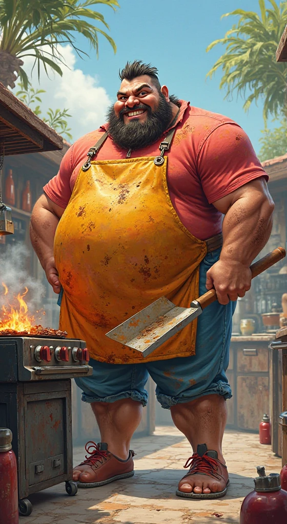 Realistic drawing of a barbecue daddy with short black hair and no beard