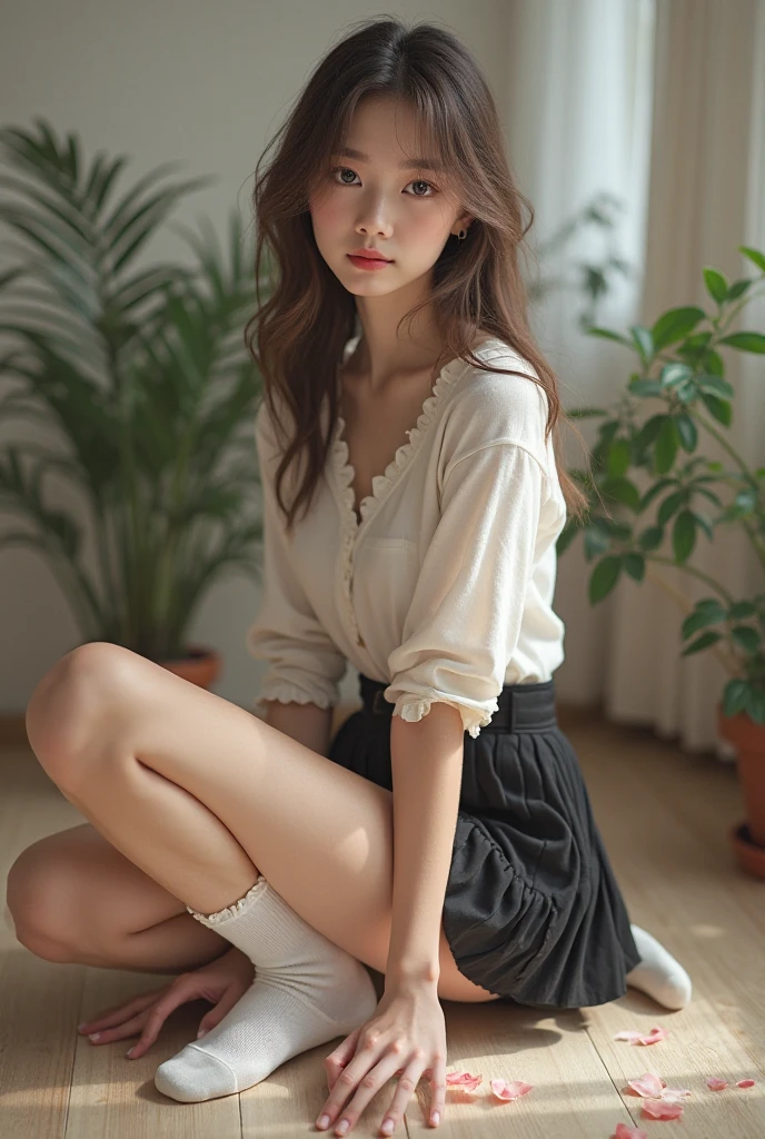 (((NSFW,)))((best quality)), ((masterpiece)), (detailed), perfect face,squat, open legs widely,
a 19 years old girl、mask、very beautiful face、whole body、Wearing pin heels、mini skirt、beautiful feet、Delicate the face、