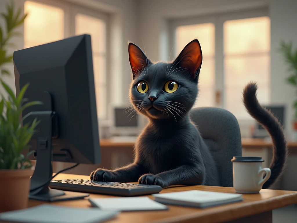 a black cat working at an office