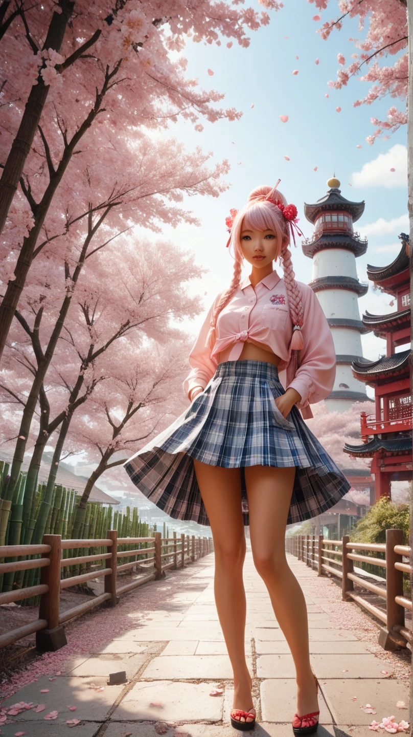 Girl Big Breasts Pink shawl long hair Cherry blossom background Top transparent shirt Bottom super short JK skirt Left and right hands behind Standing under cherry blossom trees Flying cherry blossoms in the sky Eyes are blue