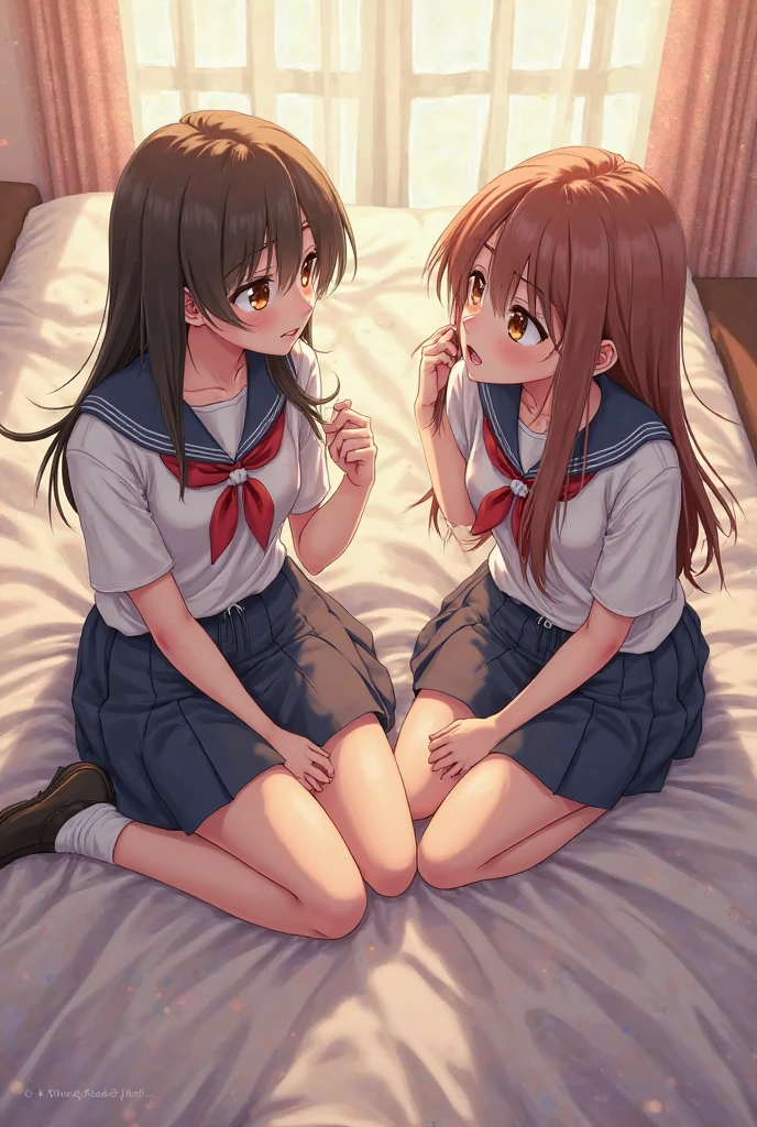 2 girls, Redhead, Updo, Facial hair stripes, Red eyes, mascara,  skirt, Sagging under the eyes、feet,  Impact, 8k, masterpiece,Thighs,color、Sailor suit、uniform、Roll up your skirt、(Skirt flipping:1)、pants、erotic、sexy、Thighs、Lesbian、Are sleeping、裸feet、Health Room、bed、Hospital bed、Hospital room