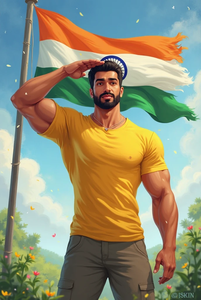 A middle age
man 6 feet bobybuilder wear indian flag tshirt and blue jeans there are very handsome in take hand indian flag