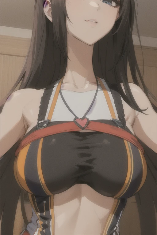 (absurdres, 8k, 4k, masterpiece, hyper extreme detailed:1.2), solo, 1girl, front view, portrait, best quality, perfect face, 1girl, portrait, solo, standing, Female, toned body, mature female, EJP breasts, , long hair, delinquent, sarcastic, swept bangs, midriff, exposed collarbone, exposed left shoulder, standing up, half body, shorts, bound, bondage, (arms behind back:1.4), bdsm, restrained,