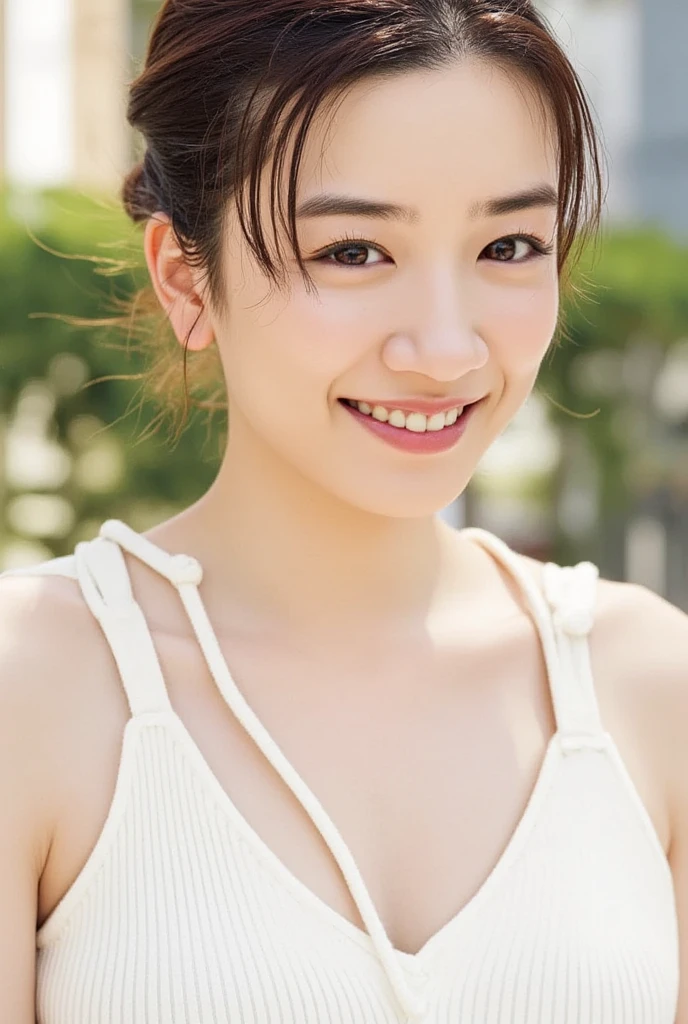 (((smile、Focus on the eyes:1.1、Extremely detailed:1.22、Ultra-high resolution、masterpiece:1.45、Highest quality)))、((((Whole body expression:1.68、camisole、Leaning forward、One person))))、long, straight black hair、So that every single hair is clearly visible、The subtle color changes of hair depending on how the light hits it、 Skin has a natural glow、Fine skin texture、Representing the fine details of pores:1.25、Details of the light redness on the forehead and cheeks、(((Eyes with fine iris details、The eyes depict color gradations and patterns.、Long, natural-looking eyelashes, each and every one visible、Well-groomed eyebrows、眉毛のindivual々The hair is clearly visible、Light reflecting off into the eye、The light in the eyes creates small highlights)))、The nose is delicate、Fine detail on the nostrils、Lips are plump and naturally pink、Depicts the fine lines and soft curves of the lips、lips are shiny and、The gloss on your lips accentuates their shape.、(((Detailed depiction of lip texture、Particular attention to the depiction of light and shadow、Soft natural light gently illuminates the face from the front、A faint glow on the forehead、A slight shine on the nose、A slight glow on the cheeks、Shadows are cast softly along the contours of the face、Accentuate the sides of your cheekbones、Accentuate the sides of the jawline、Emphasize the sides of the nose、The gloss on her lips reflects the light faintly、Lips emphasize the plump texture、The shadow of the hair gives depth and dimension、indivual々The hair shines in the light、