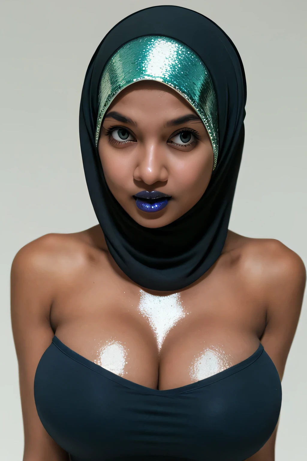 Skinny, green fluorescence Strapless Jumbo (Fatty), adorable, (1 girl), (face to face), , baby face, sad, half body portrait, (face details: 1), (eye details: 1), ((big breasts Solid:1.54)). wearing translucent (transparent) transparency (soft short t-shirt cropped) , hijab, .. Cute posed. proportional body. Ultra High Res. realistic: 1.4, UHD, view from side seductive pose, (viddinillah:1.3), (Dark Blue Lipstick:1.2), (sad face expressions:1.3) LITTLE SMALL GIRLS, LITTLE SMALL GIRLS, LITTLE SMALL GIRLS, (shiny shiny black tone skin:1.4)