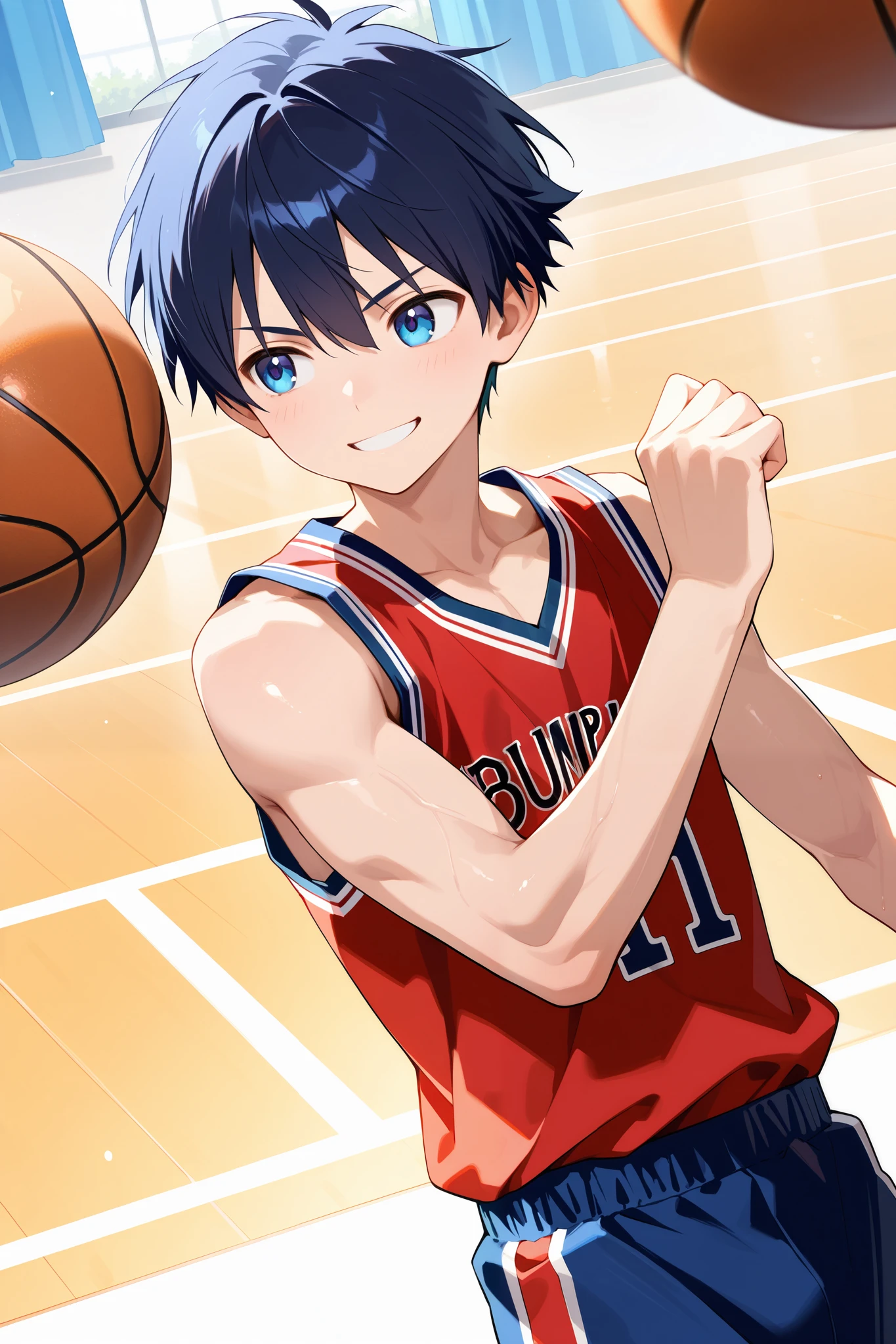 masterpiece, best quality, Ultra High Resolution, anime style, male focus, Basketball match, japanese boy, high school students, Dumping, Dynamic Capture, very handsome, Perfect Face, Cute Face, Clear and beautiful detailed eyes, black short hair, Shiny Hair, Detailed skin, perfect hands, Good anatomy, perfect body, Slim body and muscles, Smile, Soft Light, full body, 8k resolution,