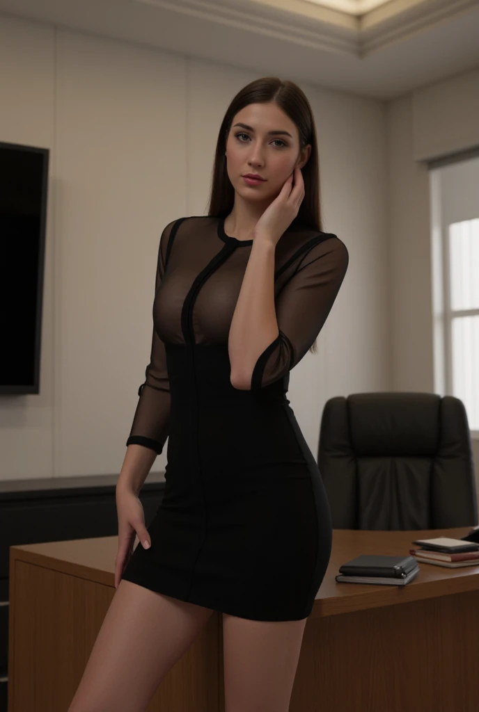 RAW, analogique, Nikon Z 85mm,((Best quality)), ((Masterpiece)), ((Realstic)),image vintage, Beautiful French woman, 18 ans, Posant dans un bureau , ((black office dress)), (long dress)), ((black outfit)), ((tight dress)) Grand sourire avec des dents visibles, (Rousseur:0.6), Intricate details, highly detailed, mise au point nette, professionnel, 4K, Rayons divins, hand model, Superbes yeux bleus, petite, high resolucion, Detailed facial features, High detail, mise au point nette, lisse, Extremely detailed, photo_\(ultra\), photoreallistic, Realstic, Post-traitement, max detail, roughness, real life, ultra realist, photorealism, 8K UHD, Lampe SEMHOUETTE, Visage russe,