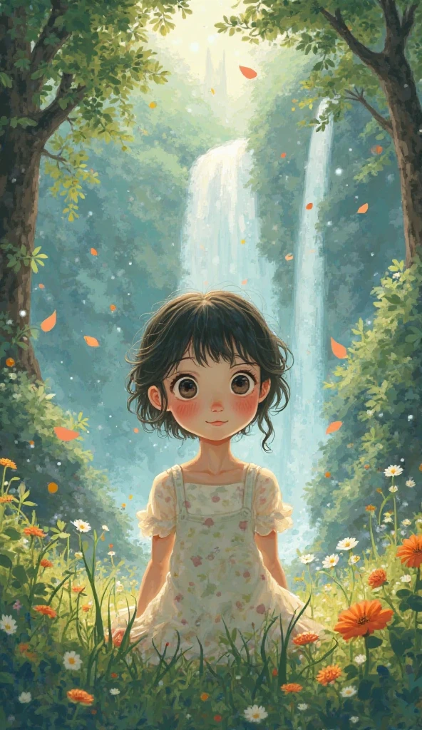 Ultra HD detailed painting of greenery and water droplets reflecting sunlight、Girl and dog、Pearly sunlight、Summer forest amongst the plant bushes、Jean＝By Baptiste Monge、Watercolor and ink、intricate details、fantasy、beautiful、fantasy、Plant sproutemory、nature、bushes、perfect composition、Artistic style watercolor sketch、big stroke、Finished with ink、thin line、highest quality、masterpiece